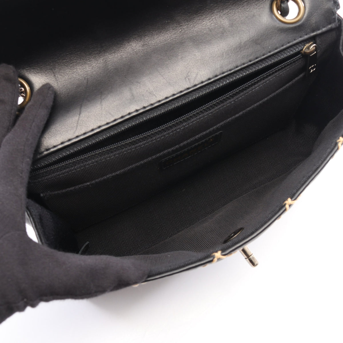 ワイルドステッチ Wチェーンショルダーバッグ ラムスキン ブラック ゴールド金具 シャネル バッグ CHANEL