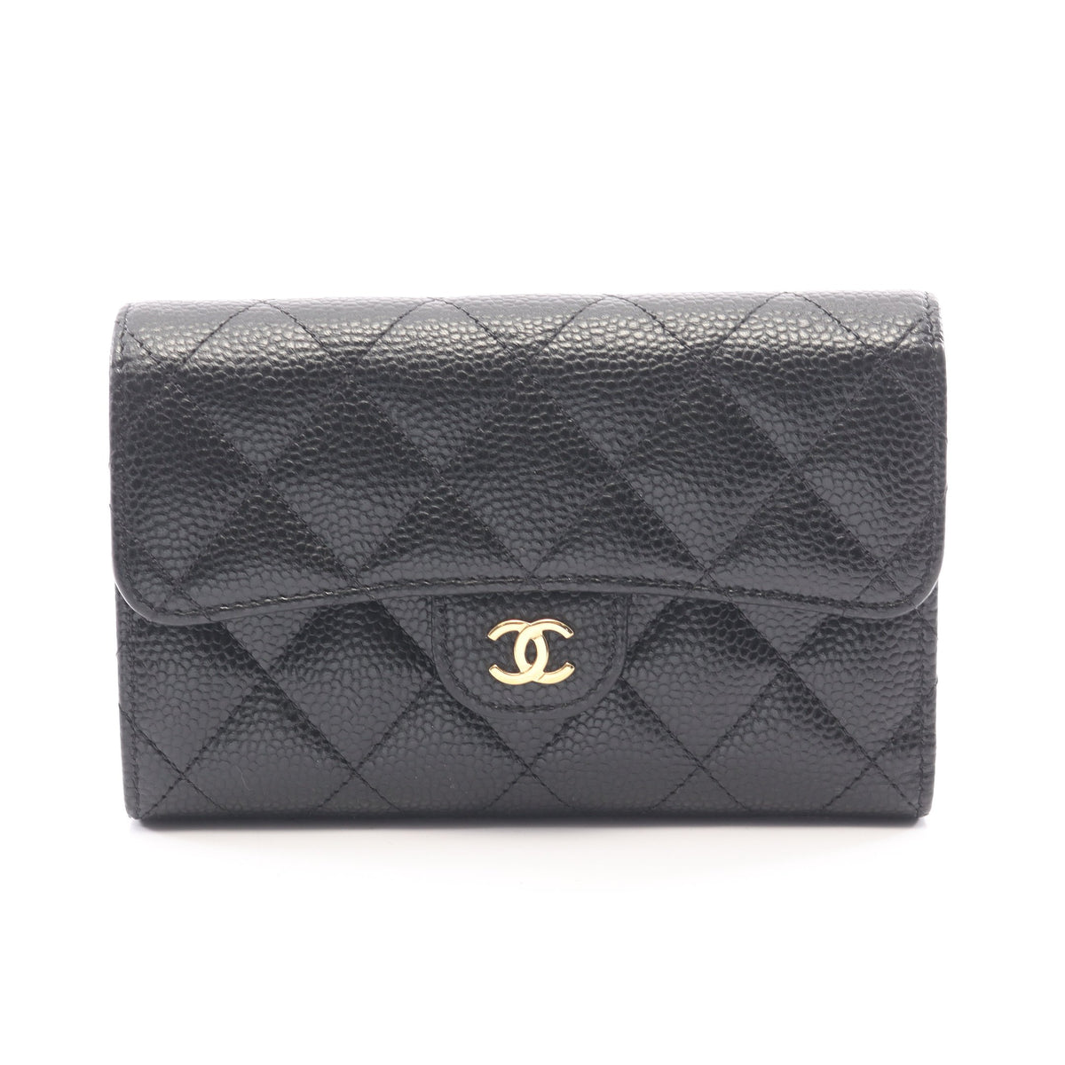 マトラッセ 三つ折り財布 キャビアスキン ブラック ゴールド金具 シャネル 財布・小物 CHANEL