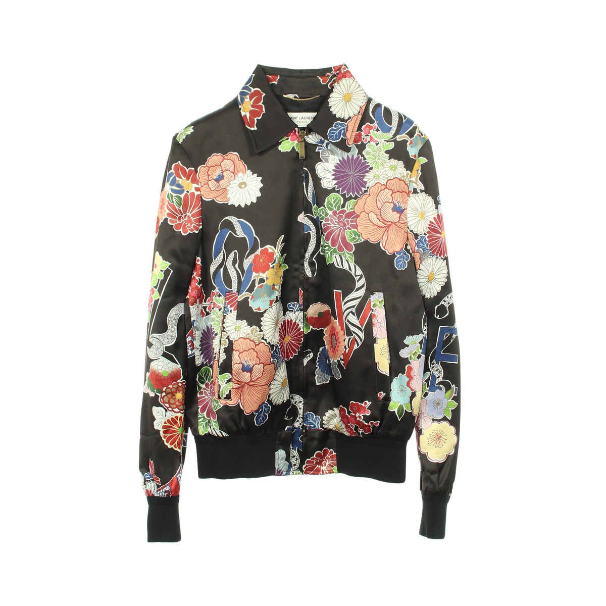 LOVE テディジャケット 花柄 ジップアップ ブルゾン レーヨン ブラック マルチカラー サンローランパリ アウター SAINT LAURENT PARIS