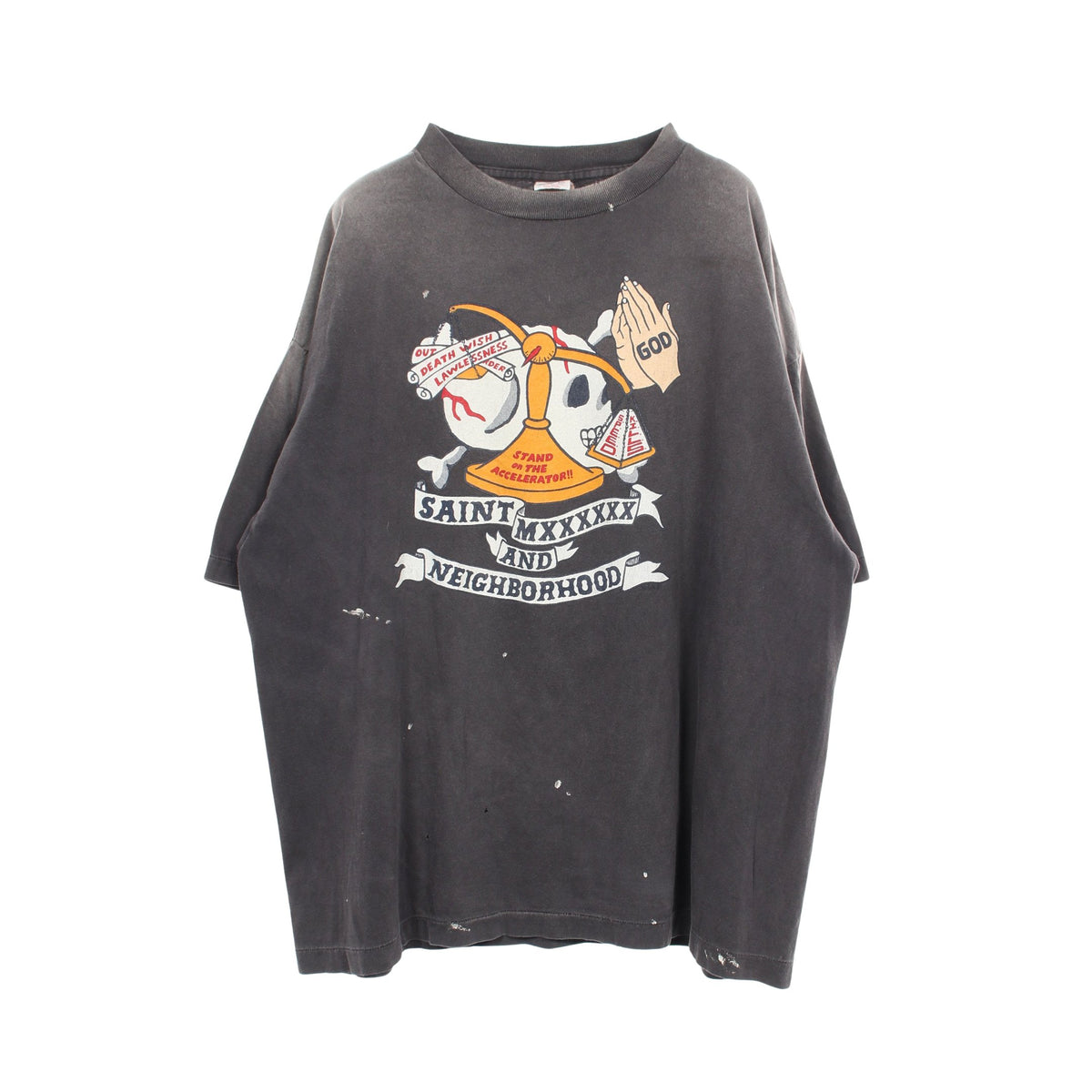 SAINT MICHAEL × NEIGHBORHOOD スカルプリント ユーズド加工 ペイント加工 半袖Tシャツ コットン グレー セント マイケル トップス SAINT MICHAEL