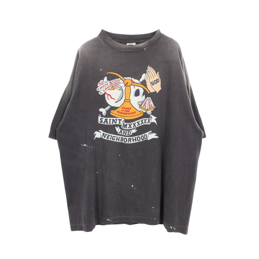 SAINT MICHAEL × NEIGHBORHOOD スカルプリント ユーズド加工 ペイント加工 半袖Tシャツ コットン グレー セント マイケル トップス SAINT MICHAEL