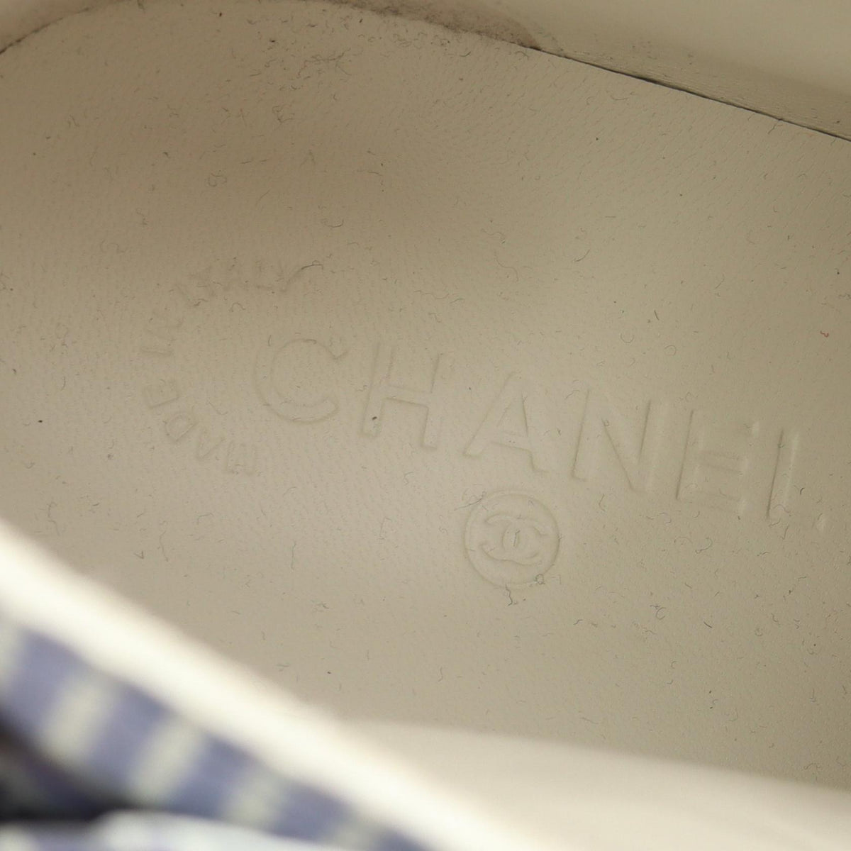 カメリア ストライプ ハイカットスニーカー レザー ホワイト ブルーグレー シャネル シューズ CHANEL