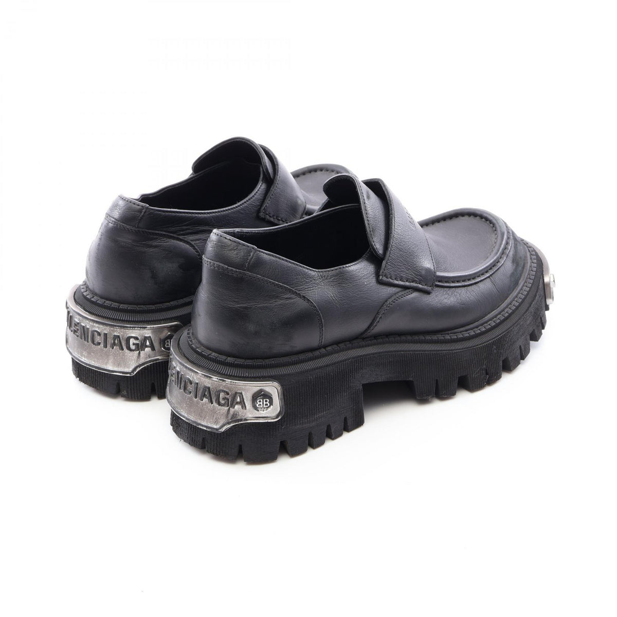 トラクター ロゴプレート ユーズド加工 ローファー レザー ブラック バレンシアガ シューズ BALENCIAGA