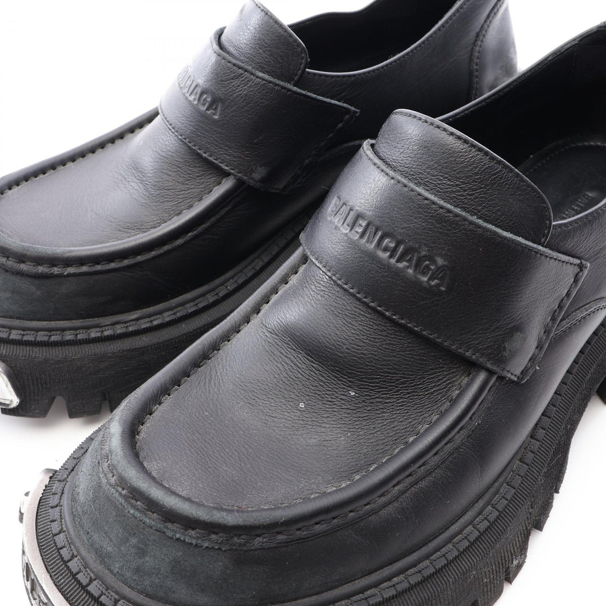 トラクター ロゴプレート ユーズド加工 ローファー レザー ブラック バレンシアガ シューズ BALENCIAGA