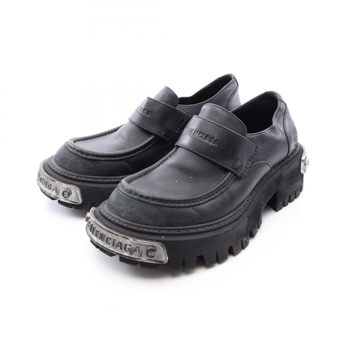 トラクター ロゴプレート ユーズド加工 ローファー レザー ブラック バレンシアガ シューズ BALENCIAGA