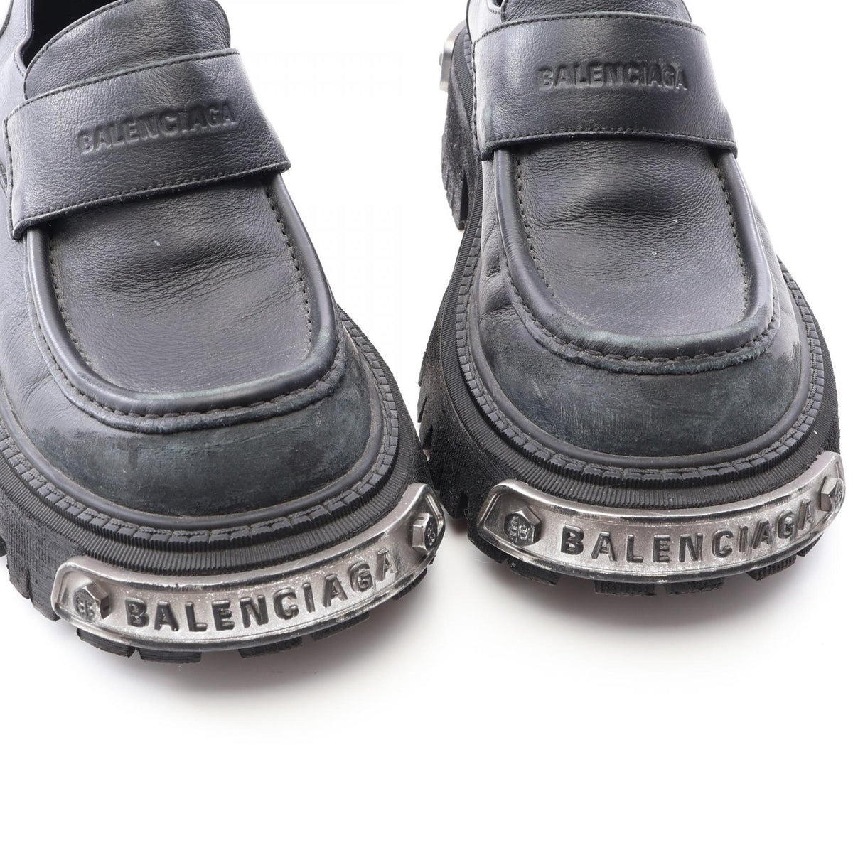 トラクター ロゴプレート ユーズド加工 ローファー レザー ブラック バレンシアガ シューズ BALENCIAGA