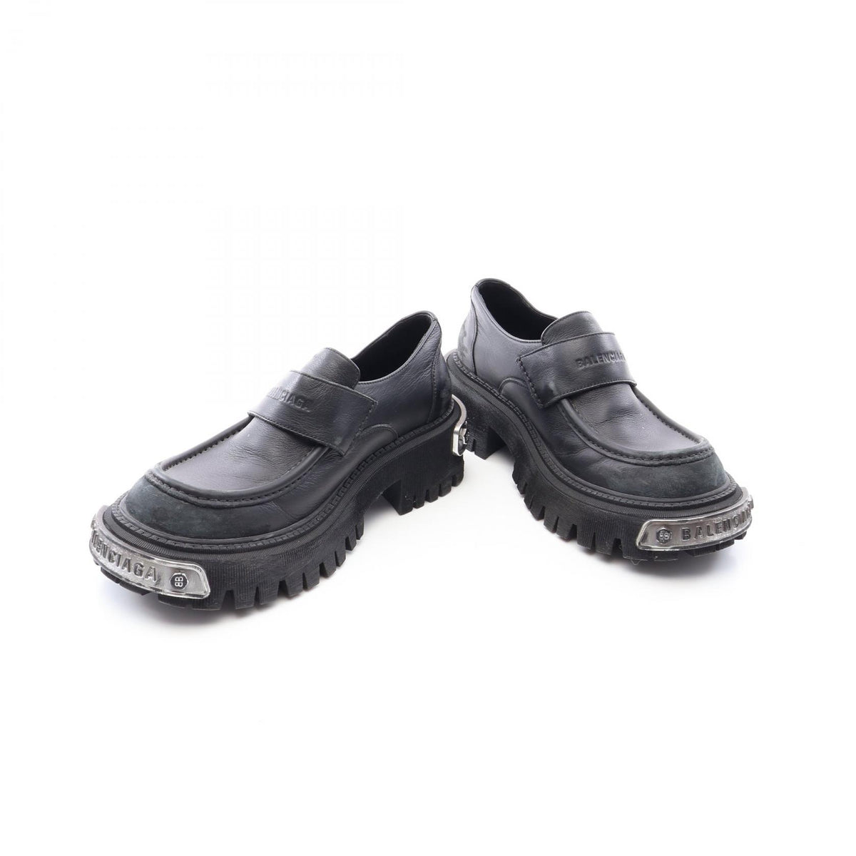 トラクター ロゴプレート ユーズド加工 ローファー レザー ブラック バレンシアガ シューズ BALENCIAGA