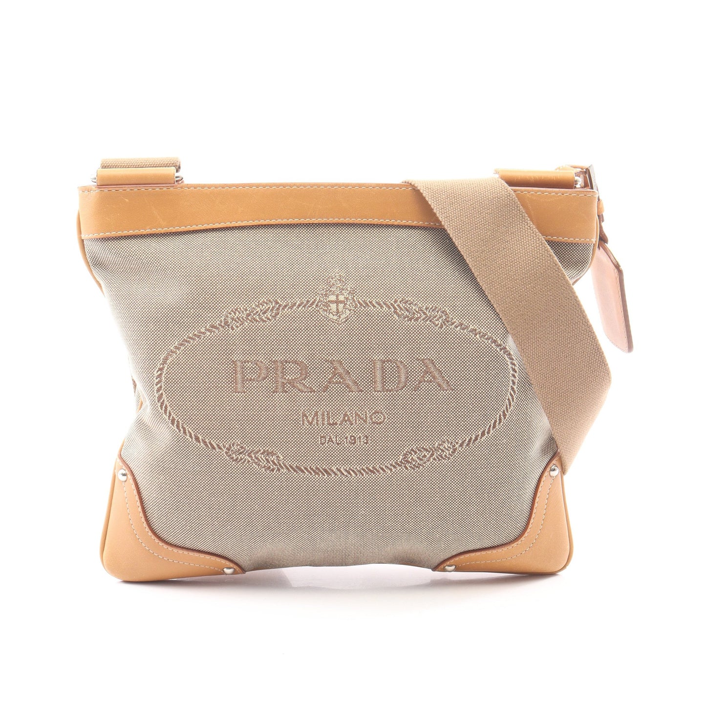 LOGO JACQUARD ロゴジャガード ショルダーバッグ キャンバス レザー ベージュ ライトブラウン プラダ