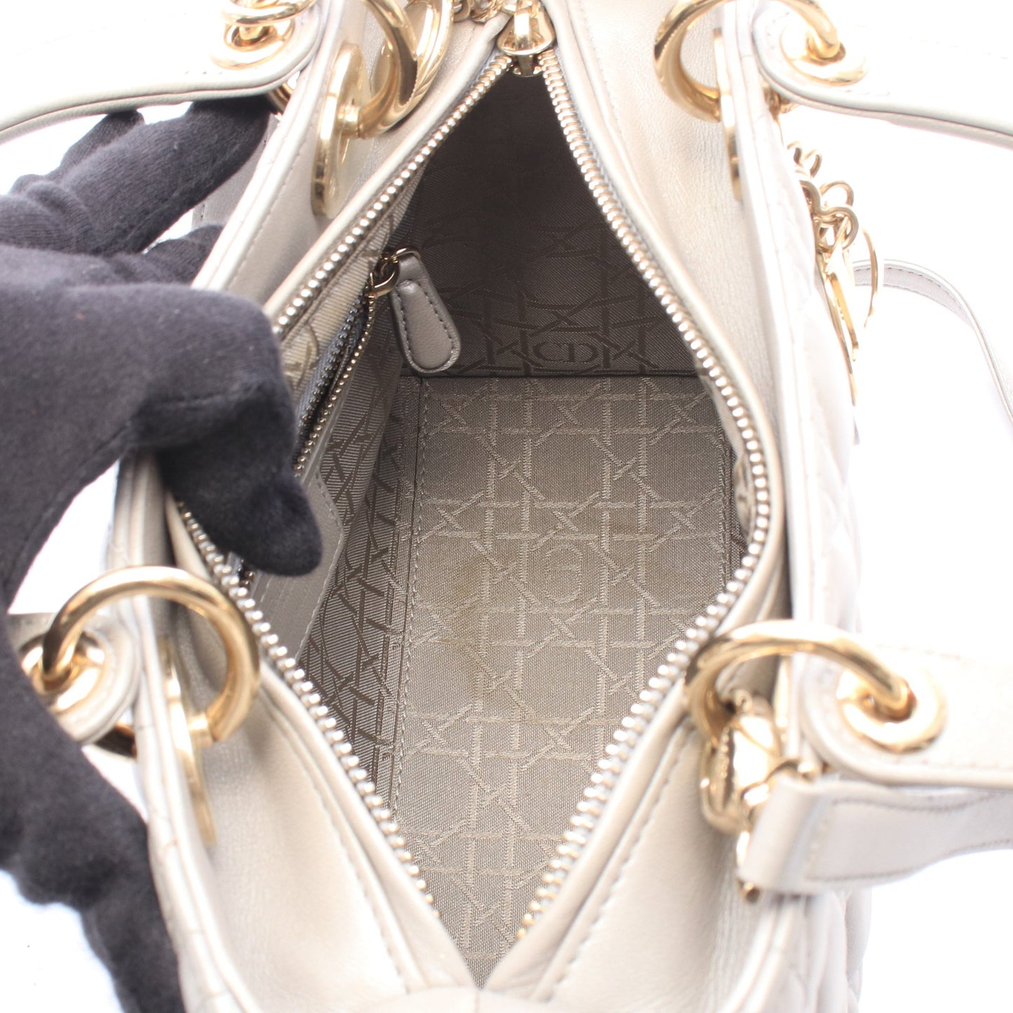 LADY DIOR レディディオール 2WAY ハンドバッグ レザー シルバー クリスチャンディオール