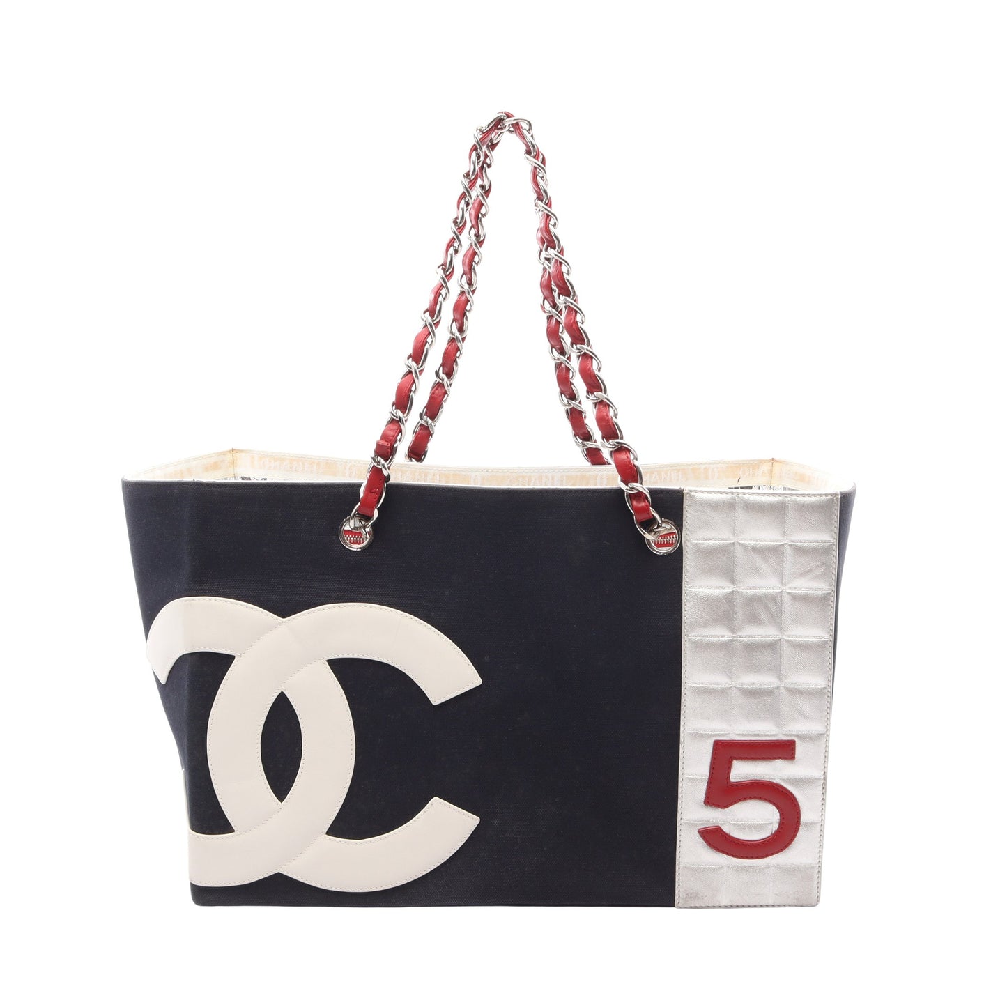 No.5 チョコバー ココマーク チェーンハンドバッグ チェーントートバッグ キャンバス レザー ネイビー シルバー レッド シルバー金具 シャネル バッグ CHANEL