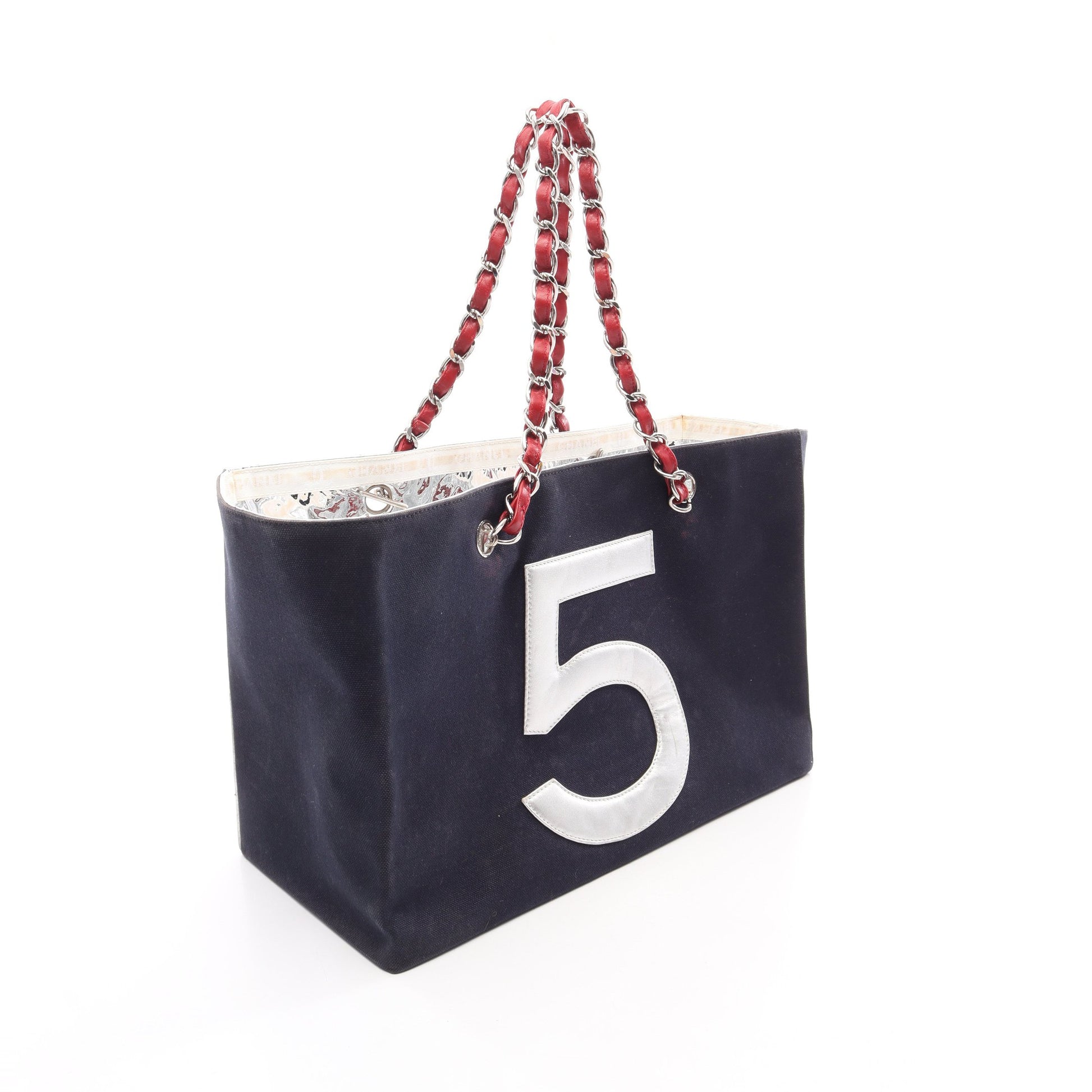 No.5 チョコバー ココマーク チェーンハンドバッグ チェーントートバッグ キャンバス レザー ネイビー シルバー レッド シルバー金具 シャネル バッグ CHANEL