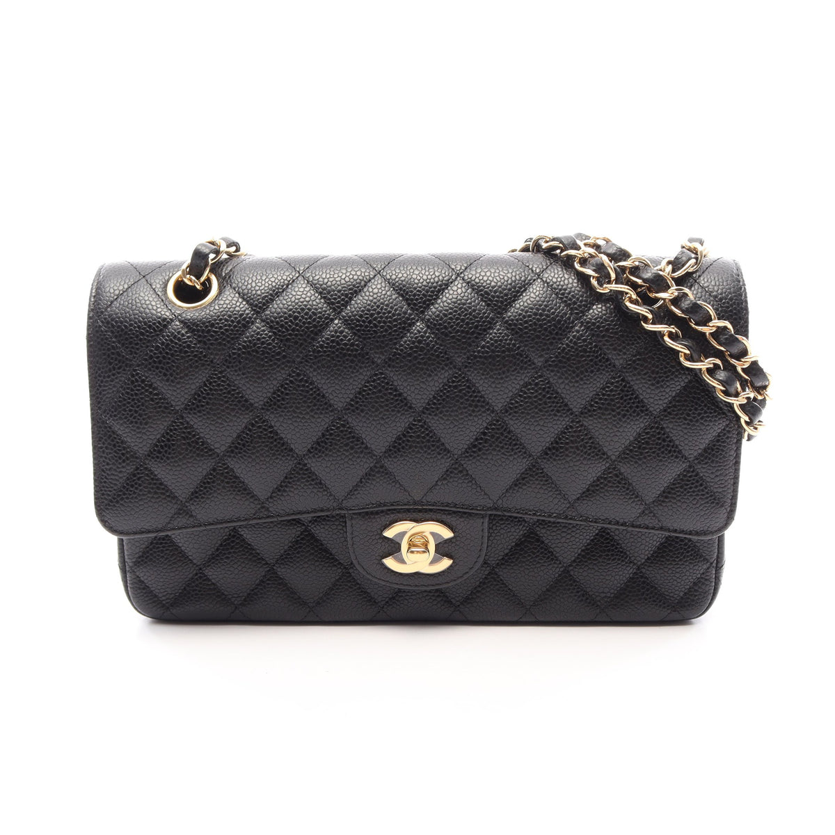 マトラッセ Wフラップ Wチェーンショルダーバッグ キャビアスキン ブラック ゴールド金具 シャネル バッグ CHANEL