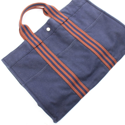 フールトゥMM ハンドバッグ トートバッグ キャンバス ネイビー ブラウン シルバー金具 エルメス