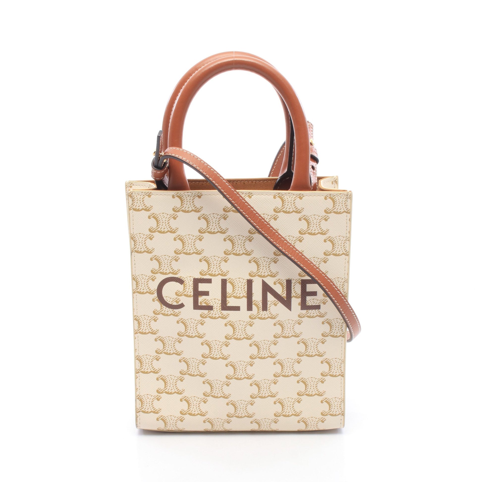 ミニ バーティカル カバ トリオンフ 2WAY ハンドバッグ PVC レザー アイボリー ブラウン セリーヌ バッグ CELINE
