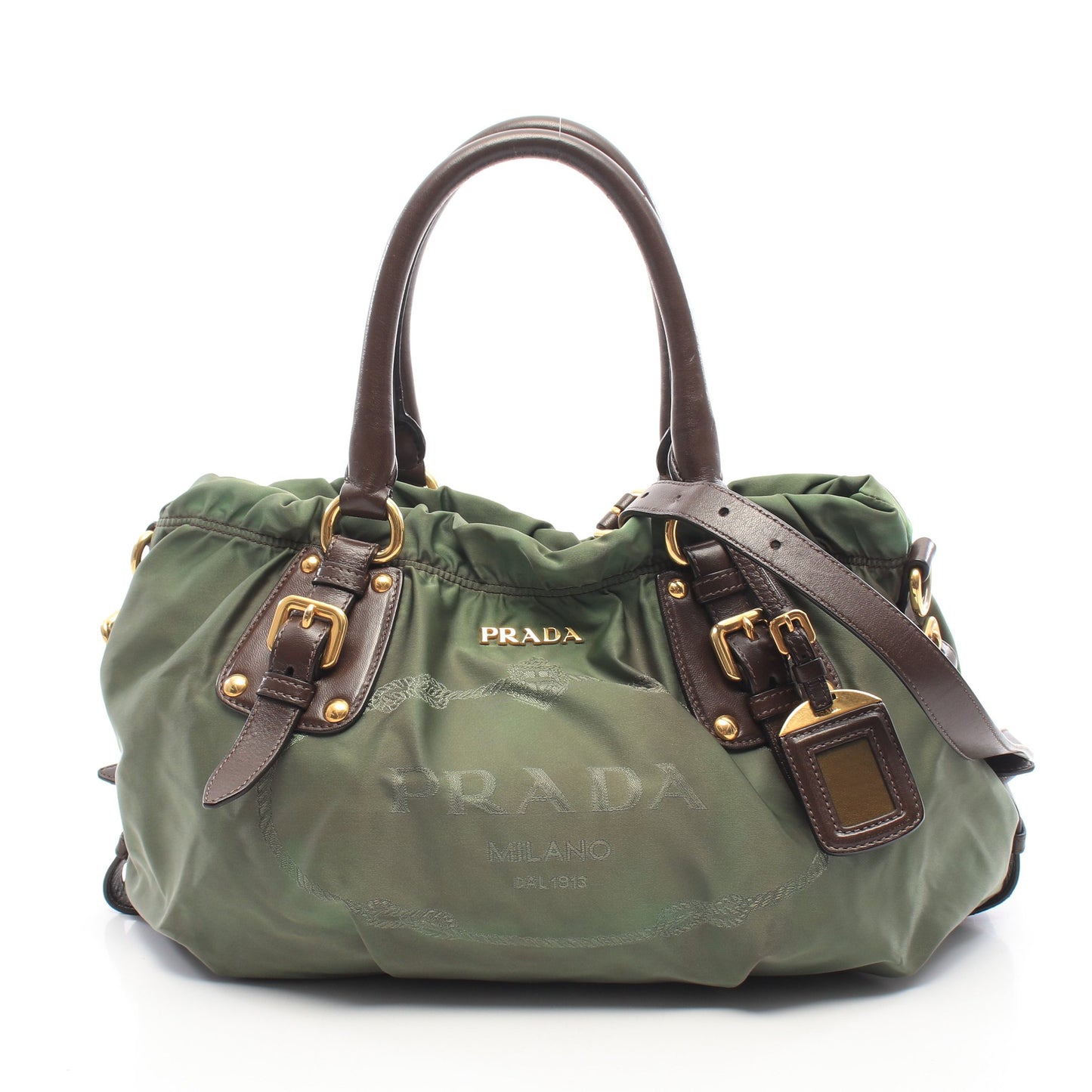 NYLON JACQUARD+ 2WAY ハンドバッグ ナイロン レザー カーキグリーン ダークブラウン プラダ
