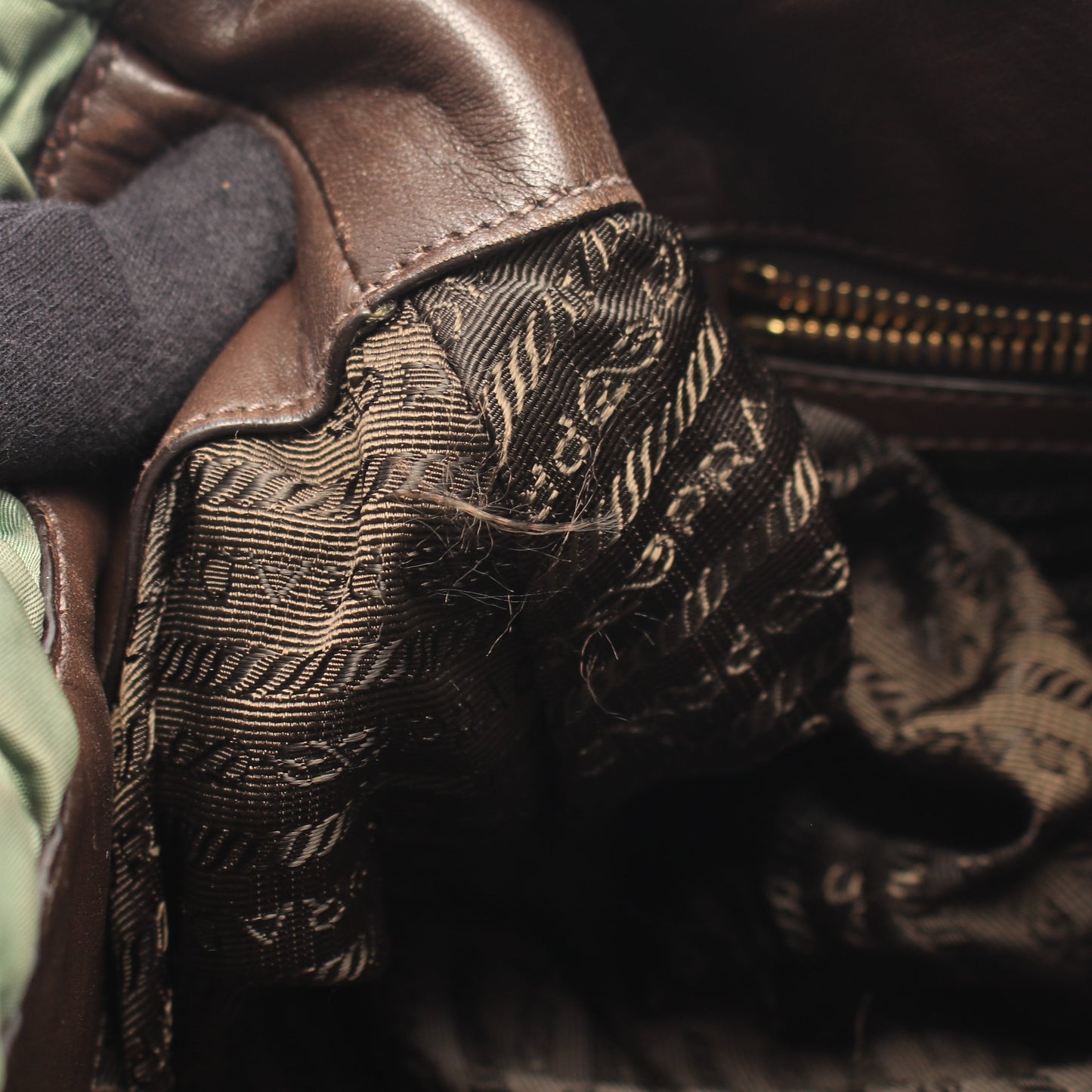 NYLON JACQUARD+ 2WAY ハンドバッグ ナイロン レザー カーキグリーン ダークブラウン プラダ