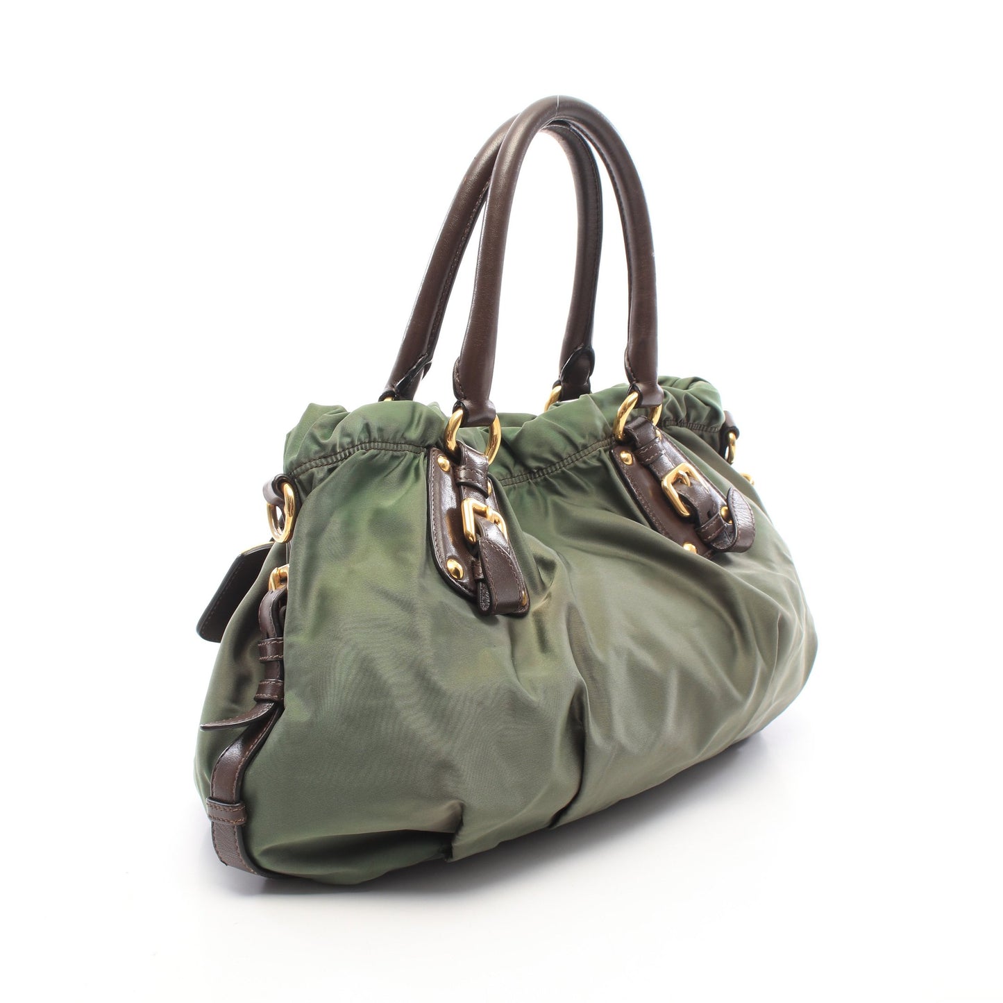 NYLON JACQUARD+ 2WAY ハンドバッグ ナイロン レザー カーキグリーン ダークブラウン プラダ