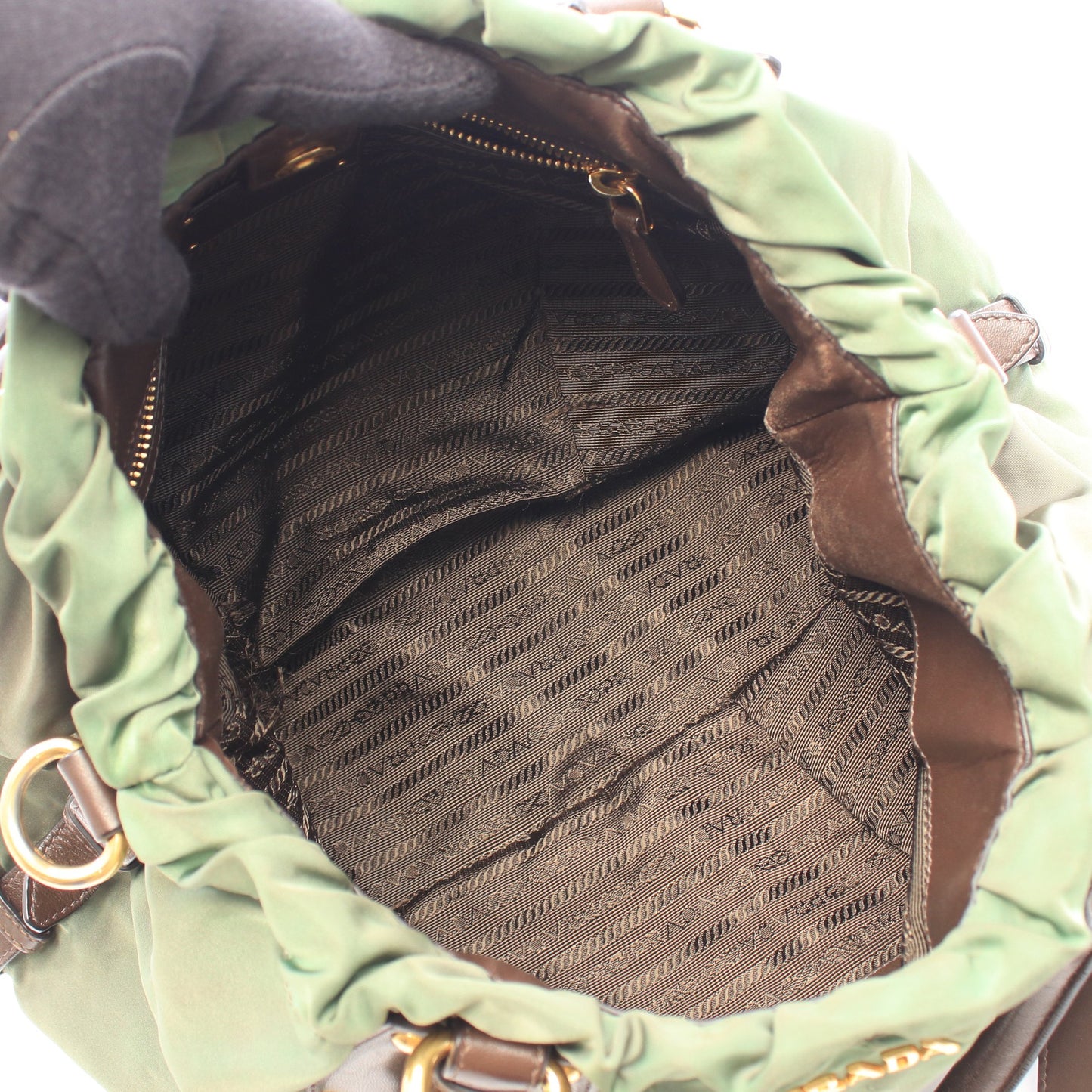 NYLON JACQUARD+ 2WAY ハンドバッグ ナイロン レザー カーキグリーン ダークブラウン プラダ