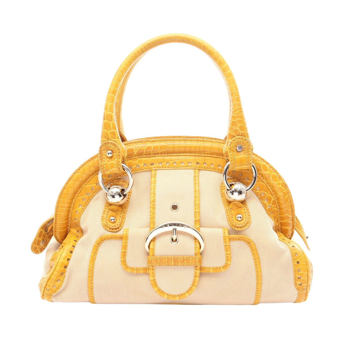 クロコ型押し ハンドバッグ キャンバス レザー ベージュ イエロー セリーヌ バッグ CELINE