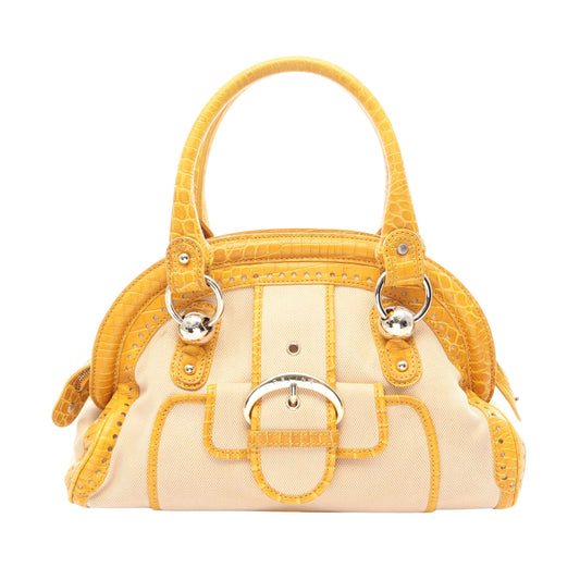 クロコ型押し ハンドバッグ キャンバス レザー ベージュ イエロー セリーヌ バッグ CELINE
