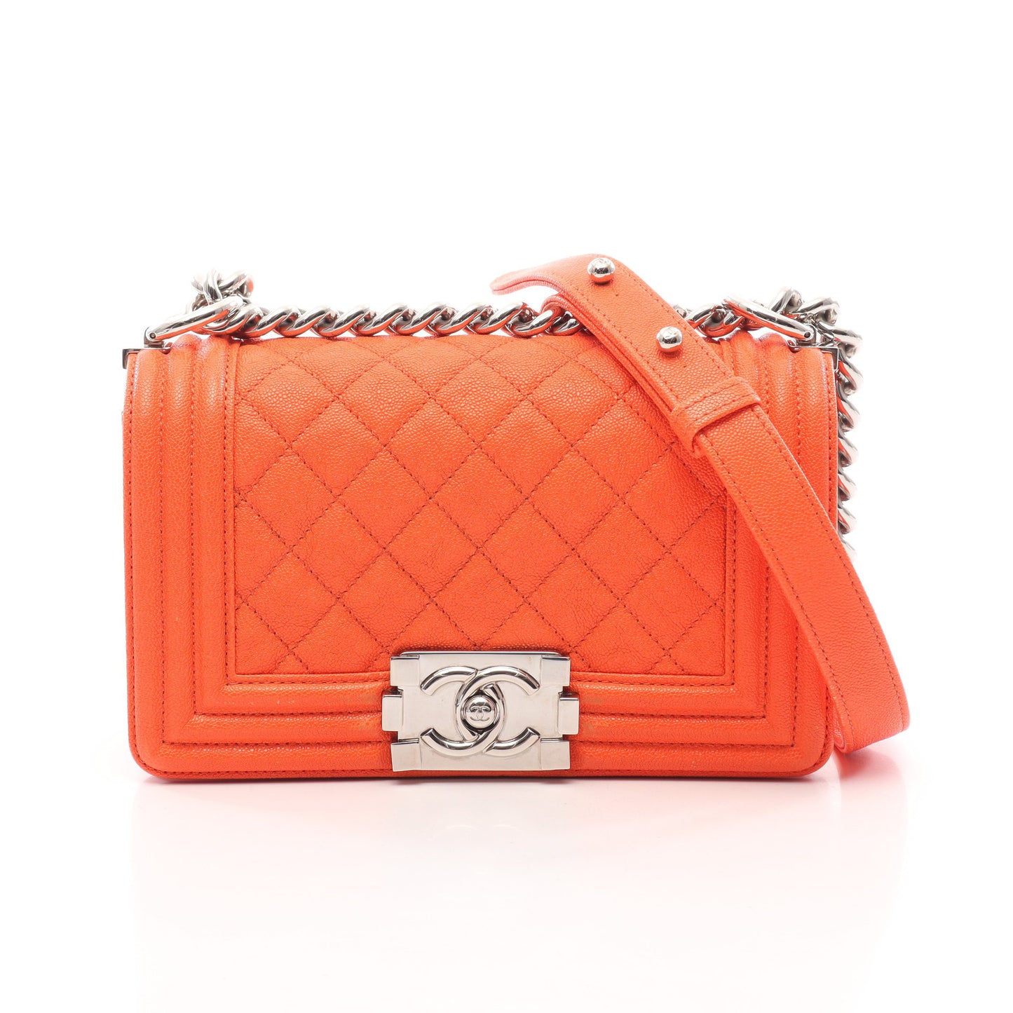 ボーイシャネル スモール チェーンショルダーバッグ キャビアスキン オレンジ シルバー金具 シャネル バッグ CHANEL