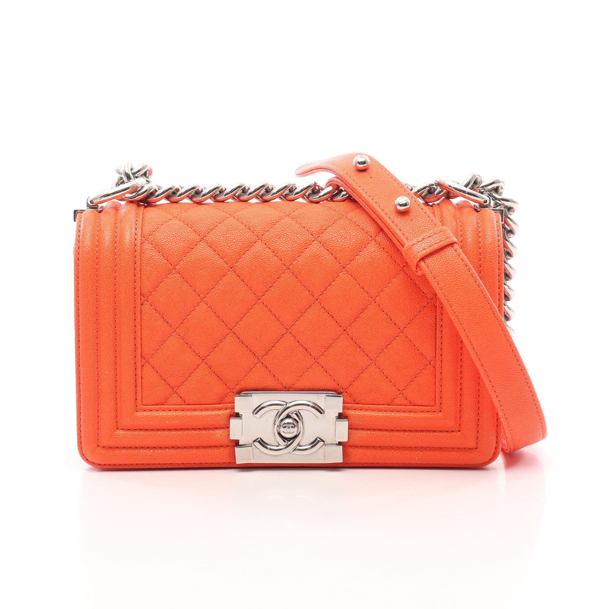 ボーイシャネル スモール チェーンショルダーバッグ キャビアスキン オレンジ シルバー金具 シャネル バッグ CHANEL
