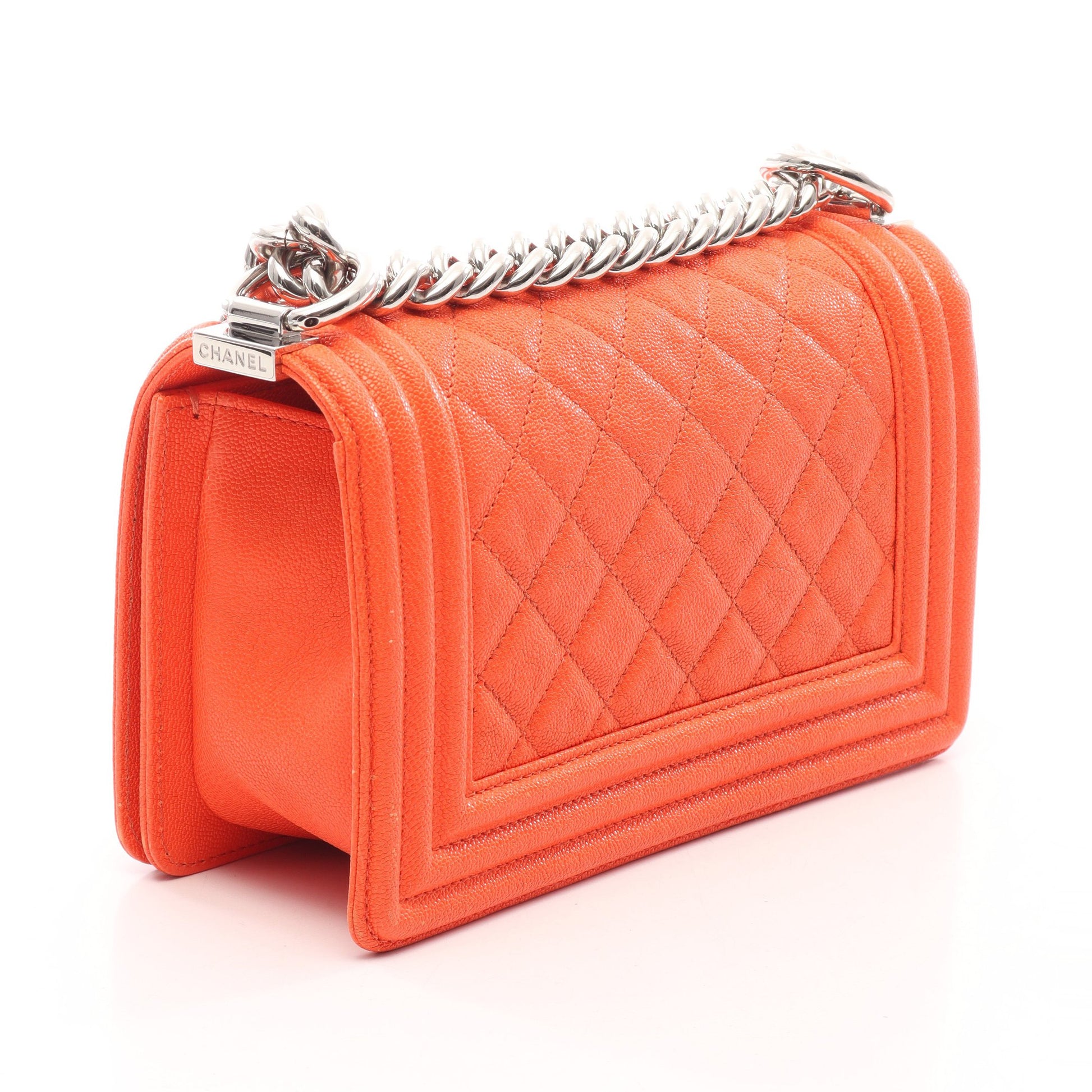 ボーイシャネル スモール チェーンショルダーバッグ キャビアスキン オレンジ シルバー金具 シャネル バッグ CHANEL