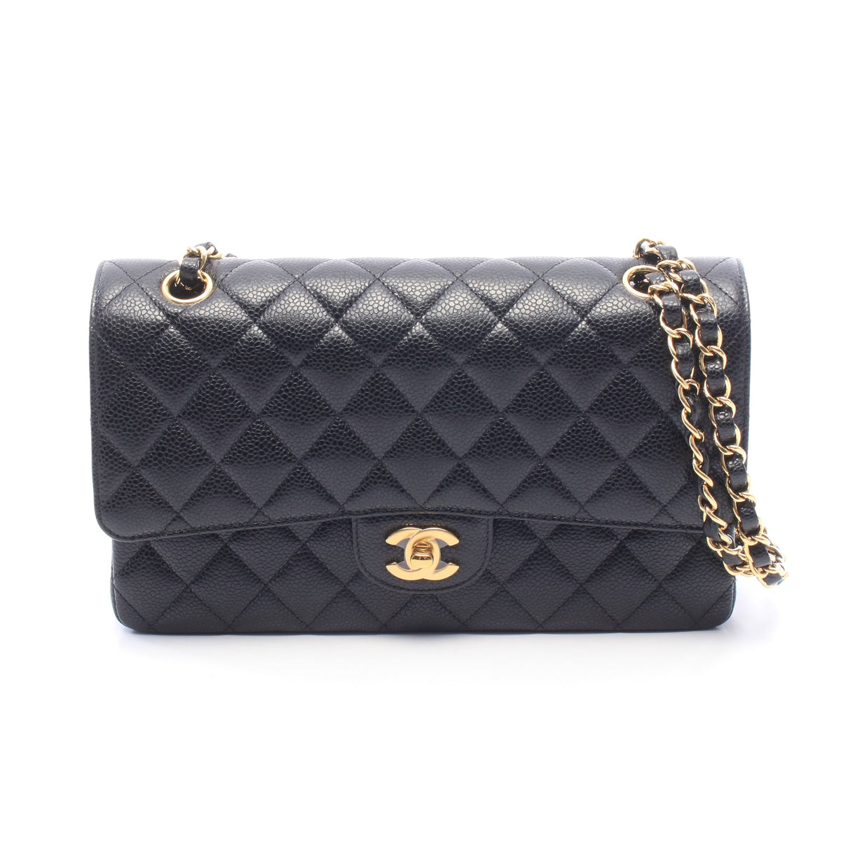 マトラッセ Wフラップ Wチェーンショルダーバッグ キャビアスキン ブラック ゴールド金具 シャネル バッグ CHANEL