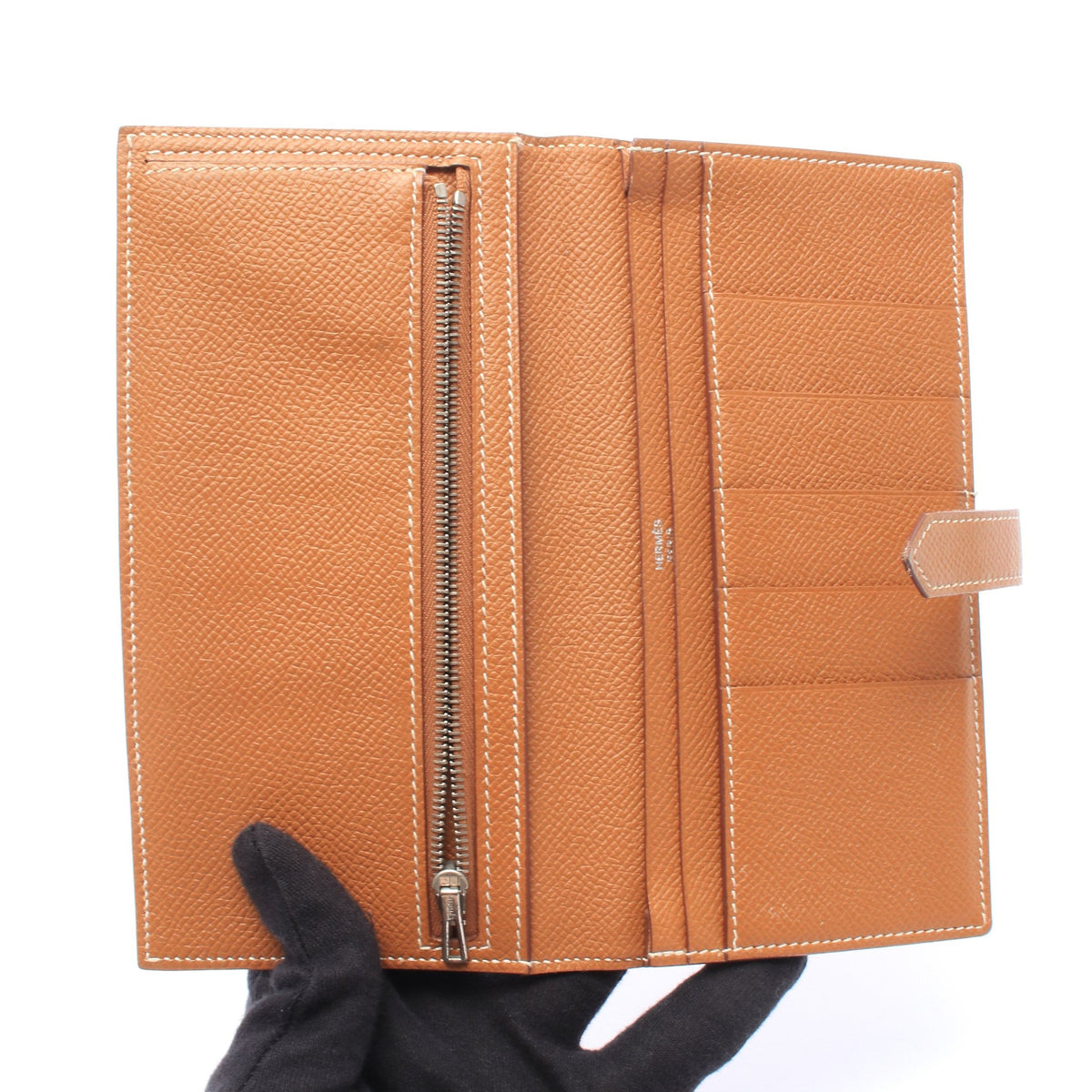 ベアンスフレ ゴールド 二つ折り長財布 ヴォーエプソン ブラウン シルバー金具 T刻印 エルメス 財布・小物 HERMES
