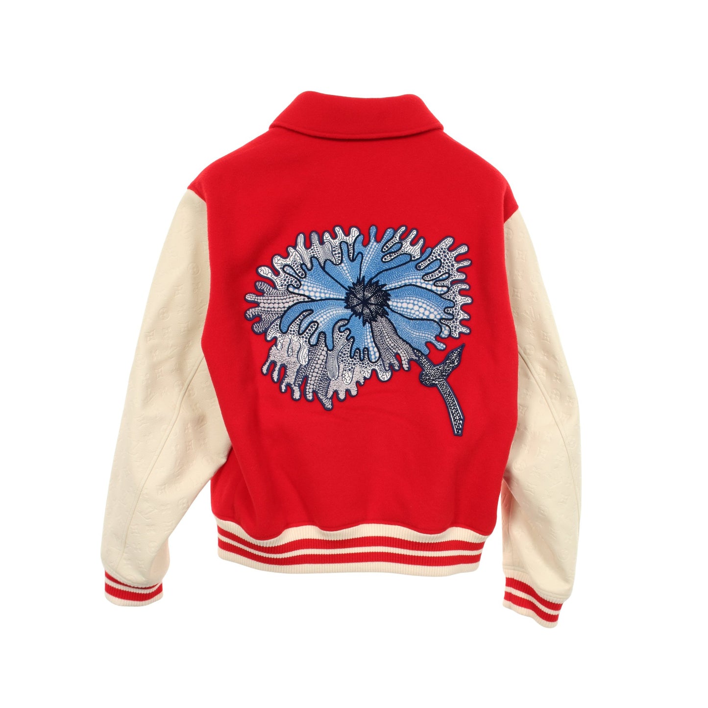 LOUIS VUITTON × 草間彌生 サイケデリックフラワー エンブロイダード バーシティブルゾン スタジャン ウール レザー レッド ホワイト マルチカラー ルイヴィトン