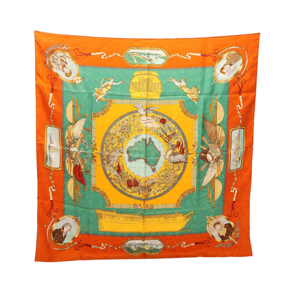 カレ90 LE GEOGRAPHE スカーフ シルク オレンジ マルチカラー エルメス 財布・小物 HERMES
