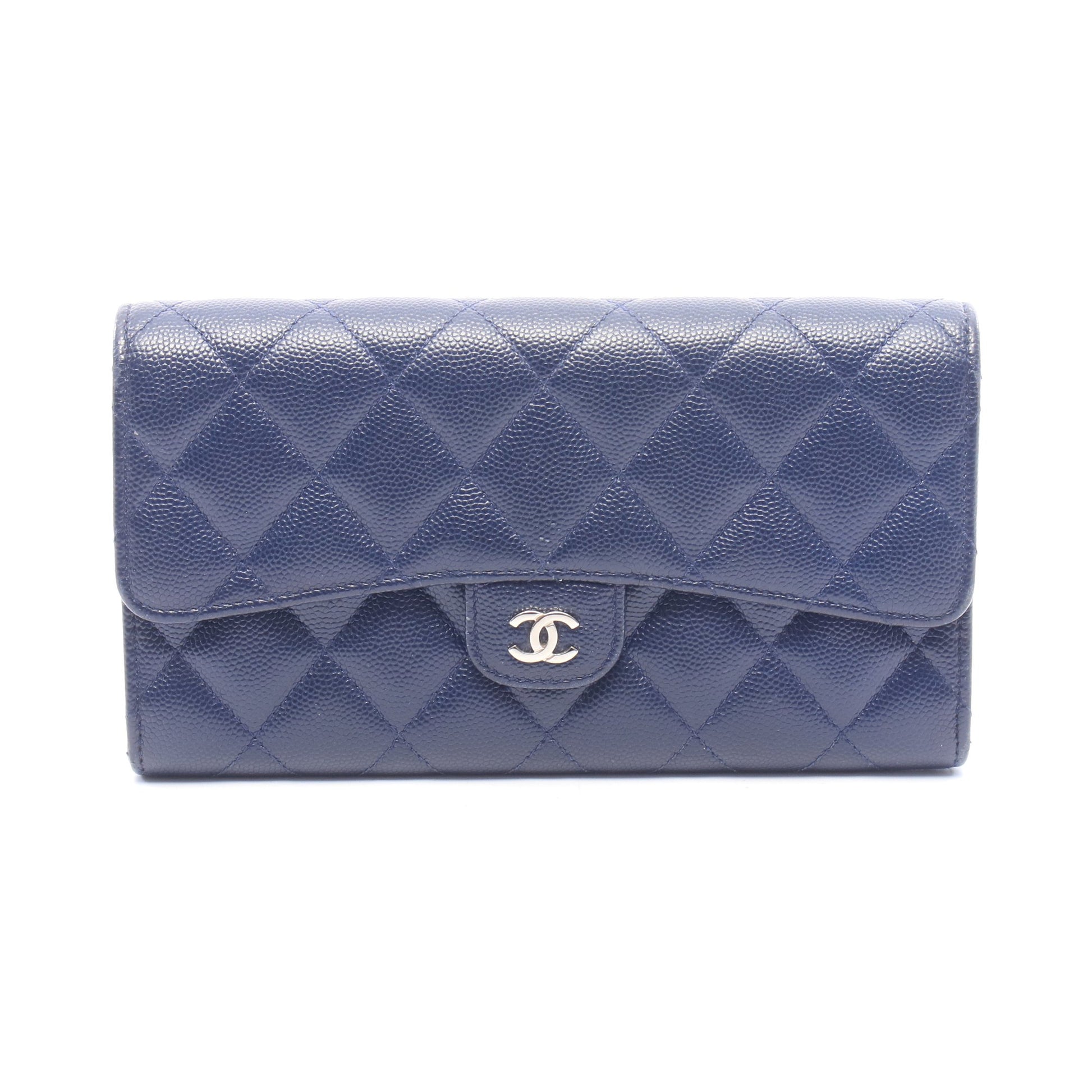 マトラッセ 二つ折り長財布 キャビアスキン ネイビー シルバー金具 シャネル 財布・小物 CHANEL