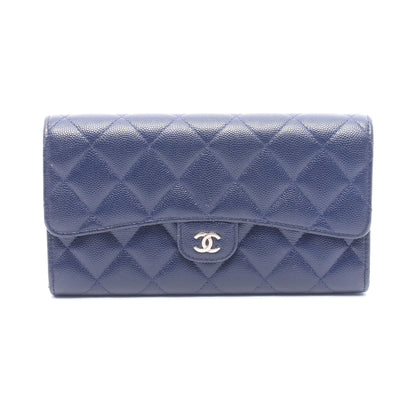 マトラッセ 二つ折り長財布 キャビアスキン ネイビー シルバー金具 シャネル 財布・小物 CHANEL