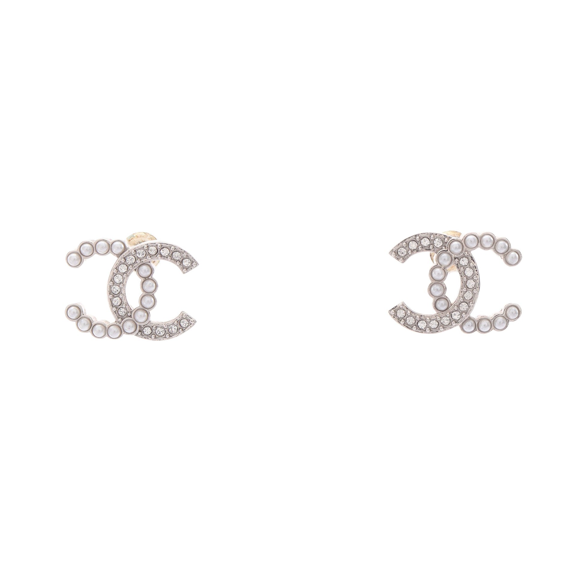 ココマーク V25B ピアス フェイクパール ラインストーン シルバー オフホワイト クリア シャネル アクセサリー CHANEL