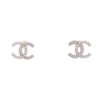 ココマーク V25B ピアス フェイクパール ラインストーン シルバー オフホワイト クリア シャネル アクセサリー CHANEL