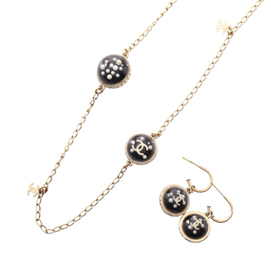 10C ココマーク ネックレス ピアス 2点セット ネックレス GP フェイクパール ラインストーン ブラック ゴールド クリア シャネル