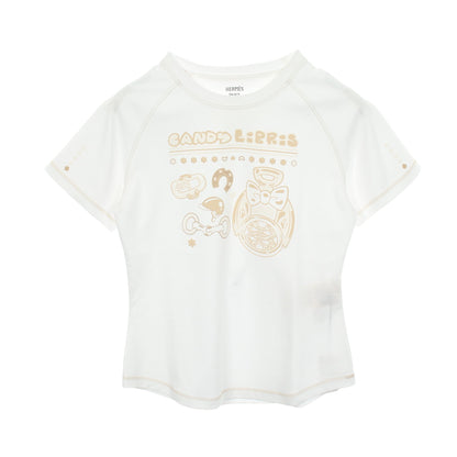 Candy Libris ラグランスリーブ 半袖Tシャツ コットン ホワイト ライトベージュ エルメス