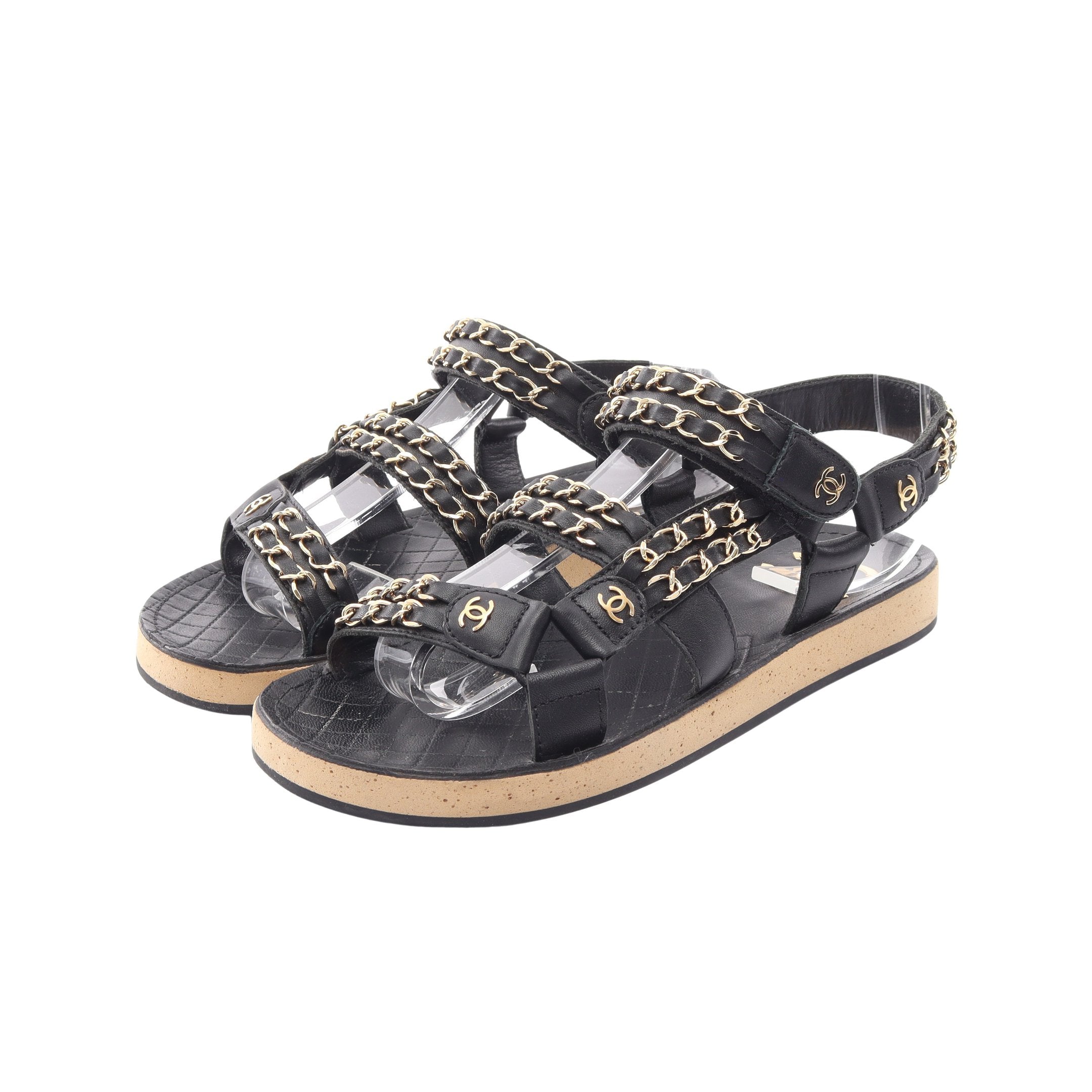 シャネル ブラック レザーサンダル 中ヒール リボン付き 22.5㎝ 楽天
