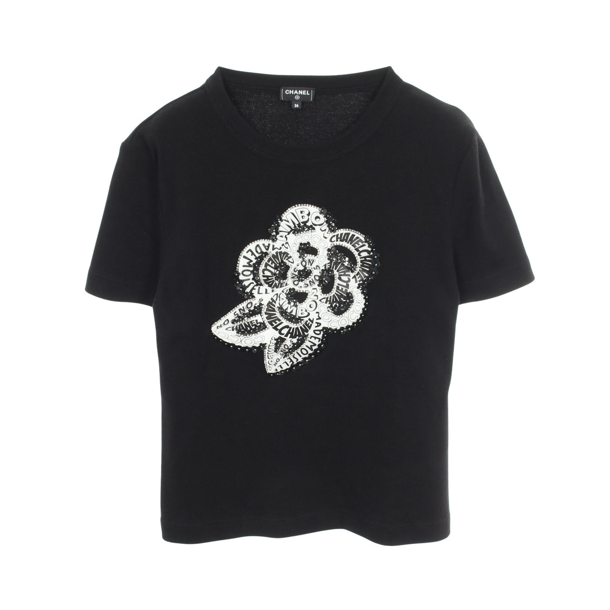 カメリアロゴ ラインストーン 半袖Tシャツ コットン ブラック シャネル