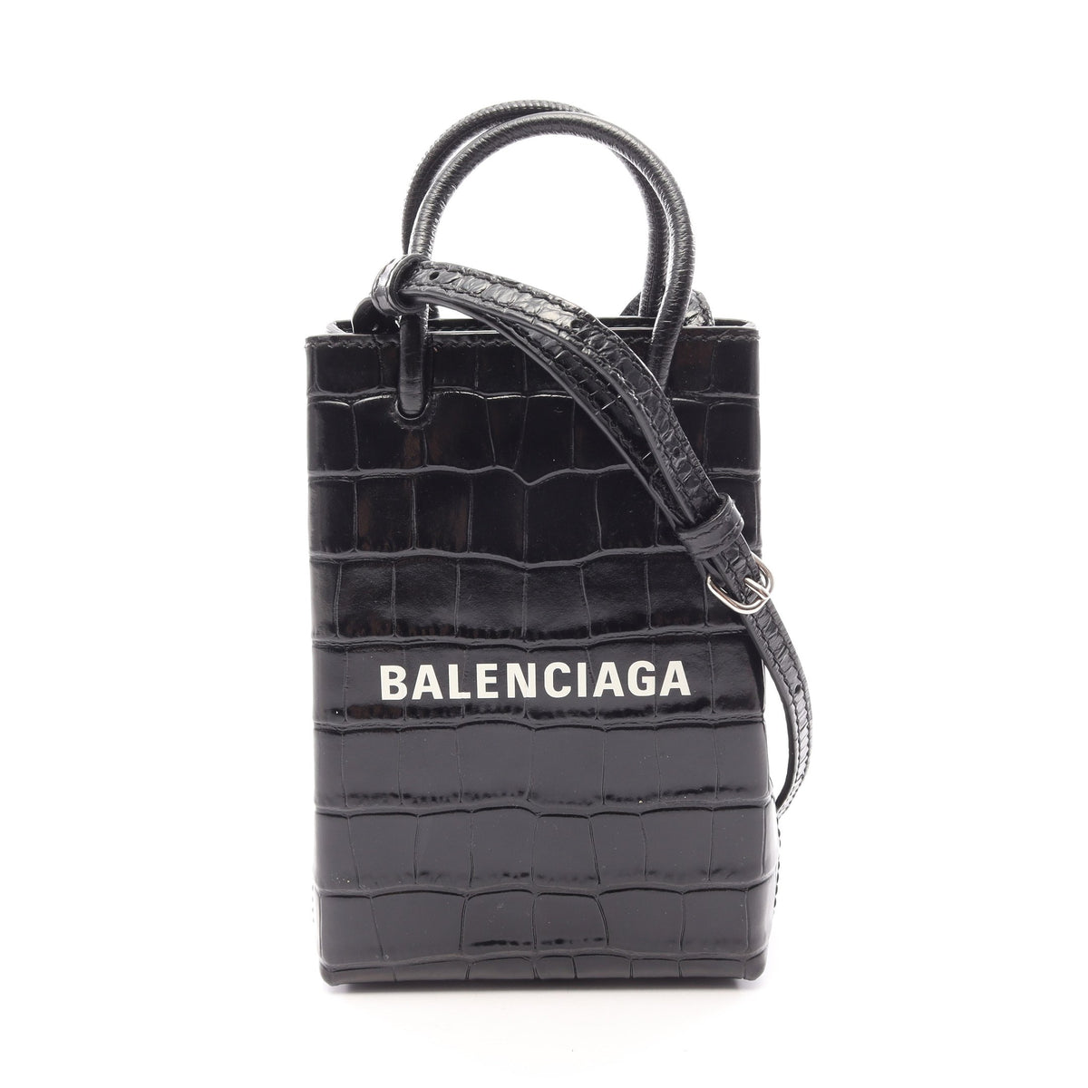 SHOPPING PHONE HOLDER ショッピング フォンフォルダー 2WAY ショルダーバッグ レオパード レザー ブラック バレンシアガ バッグ BALENCIAGA