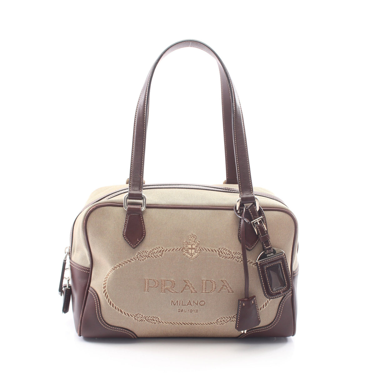 LOGO JACQUARD ロゴジャガード ハンドバッグ キャンバス レザー ベージュ ブラウン プラダ バッグ PRADA