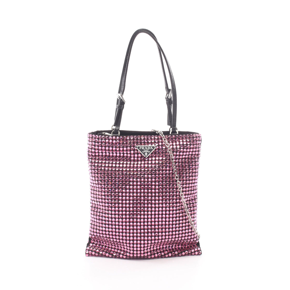 トライアングルロゴ クリスタル 2WAY ハンドバッグ サテン レザー ピンク ブラック プラダ バッグ PRADA
