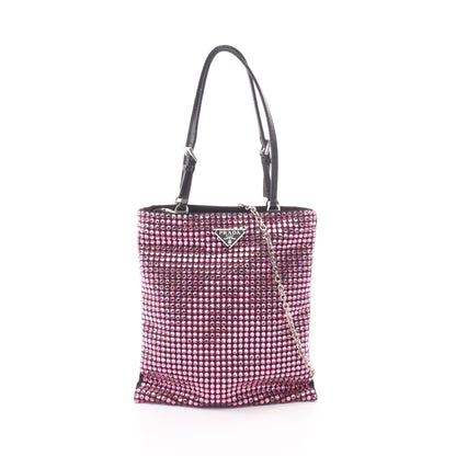 トライアングルロゴ クリスタル 2WAY ハンドバッグ サテン レザー ピンク ブラック プラダ バッグ PRADA