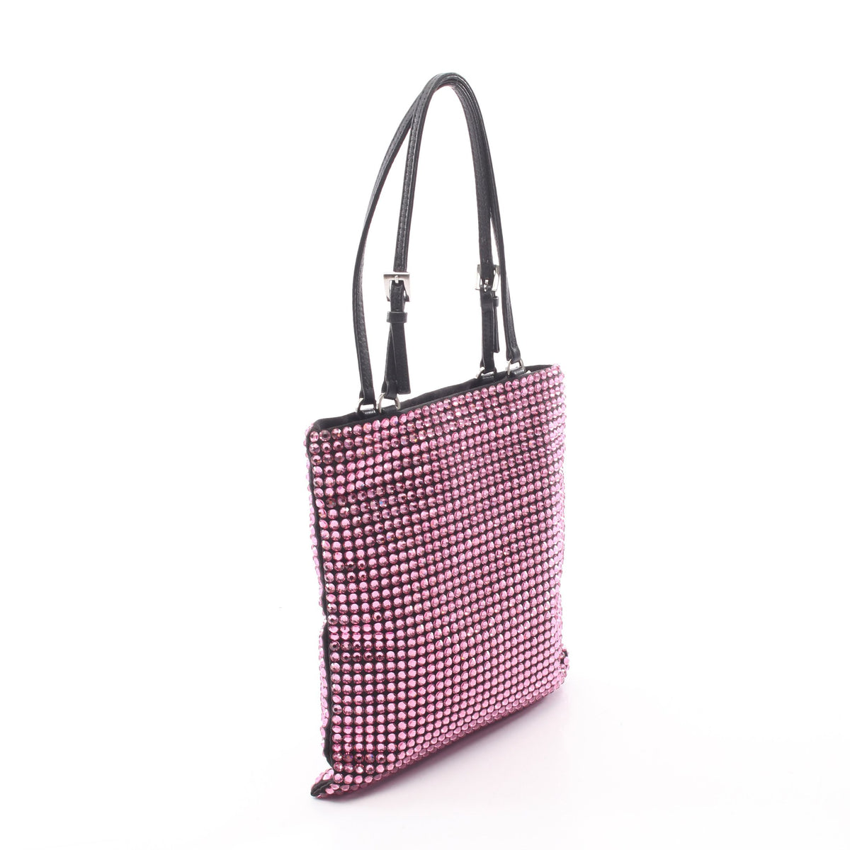 トライアングルロゴ クリスタル 2WAY ハンドバッグ サテン レザー ピンク ブラック プラダ バッグ PRADA