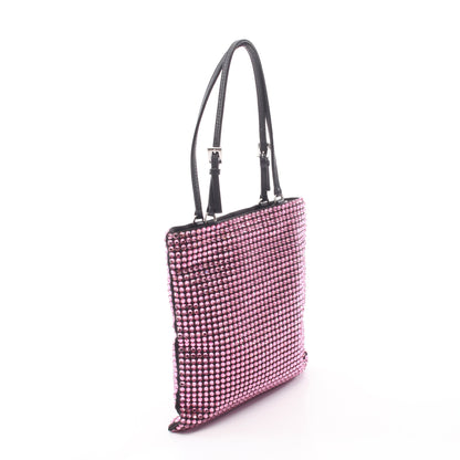 トライアングルロゴ クリスタル 2WAY ハンドバッグ サテン レザー ピンク ブラック プラダ バッグ PRADA