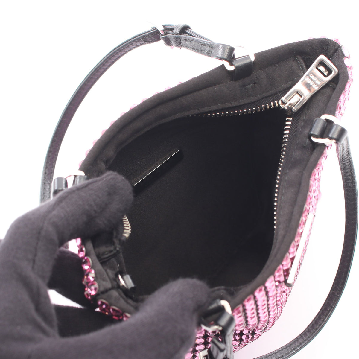 トライアングルロゴ クリスタル 2WAY ハンドバッグ サテン レザー ピンク ブラック プラダ バッグ PRADA
