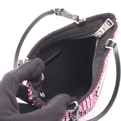 トライアングルロゴ クリスタル 2WAY ハンドバッグ サテン レザー ピンク ブラック プラダ バッグ PRADA
