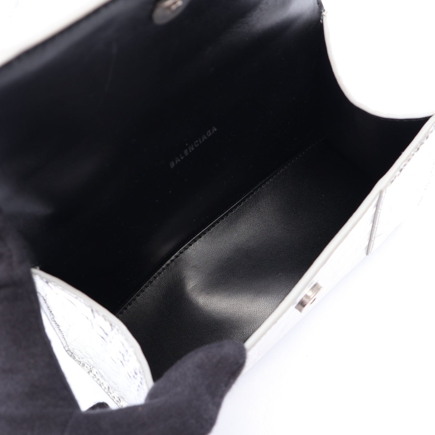 HOURGLASS XS クロコ型押し 2WAY ハンドバッグ レザー シルバー バレンシアガ