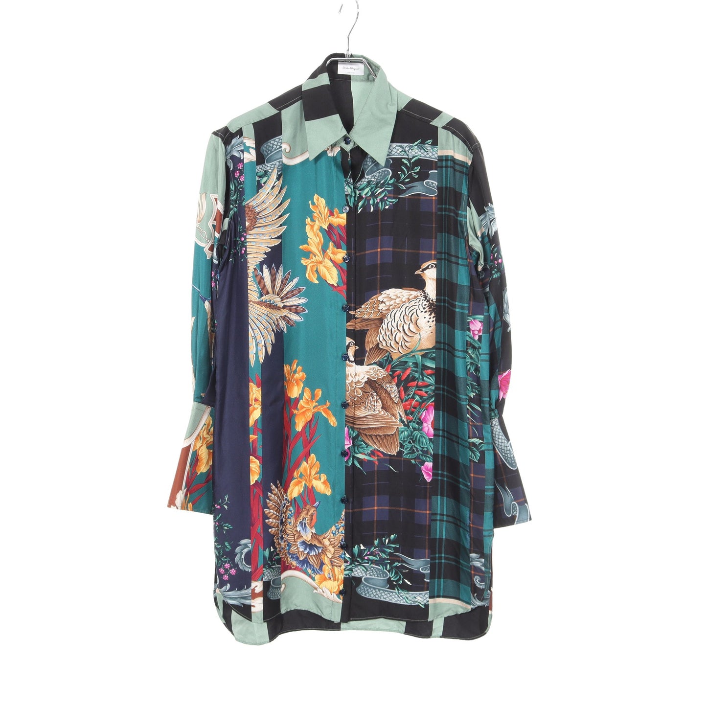 Shirts Dress Deep Jade パッチワーク ロング シャツ シルク ライトグリーン ブラック マルチカラー サルヴァトーレフェラガモ