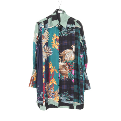 Shirts Dress Deep Jade パッチワーク ロング シャツ シルク ライトグリーン ブラック マルチカラー サルヴァトーレフェラガモ